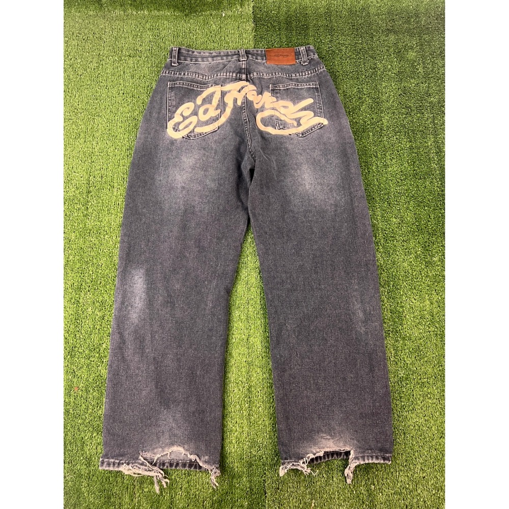 Ed Hardy Mens Baggy Wide Leg Jeans Washed Black Large Back Logo Distressed 31x30